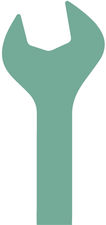 Green wrench silhouette on black background.