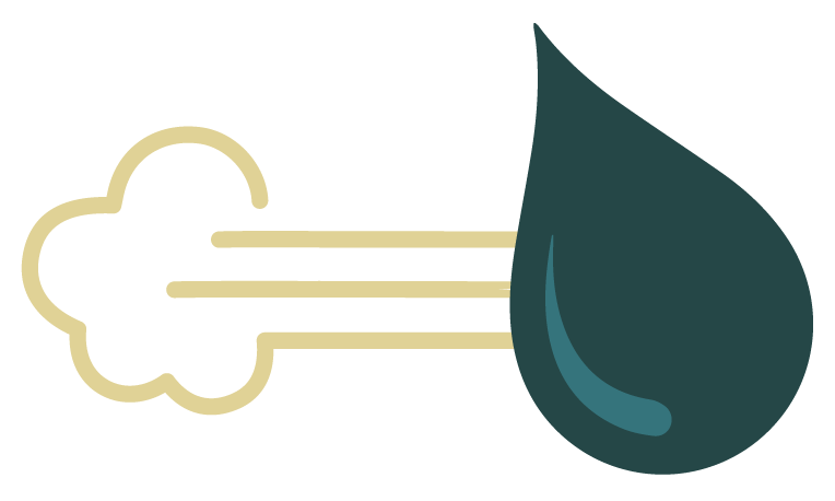 Steam and water drop icon on black.