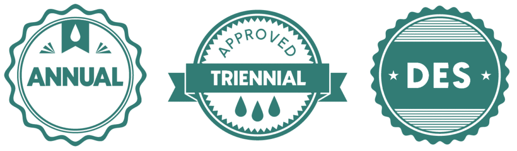 Three circular badges: Annual, Triennial, DES.