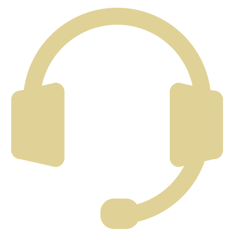 Gold headset icon on black background.
