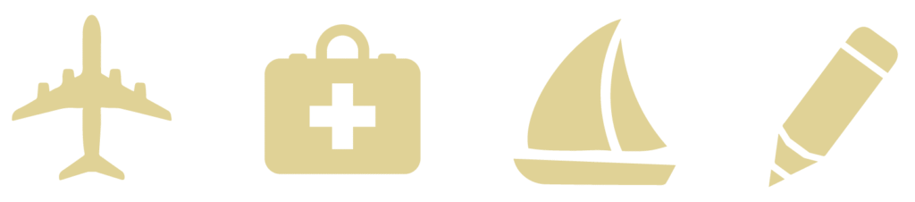 Airplane, medical kit, sailboat, pencil icons.