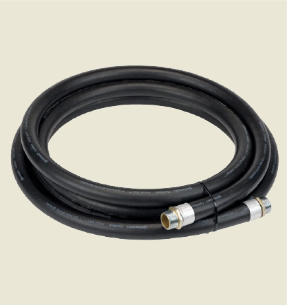 Coiled black hose with metal connectors.